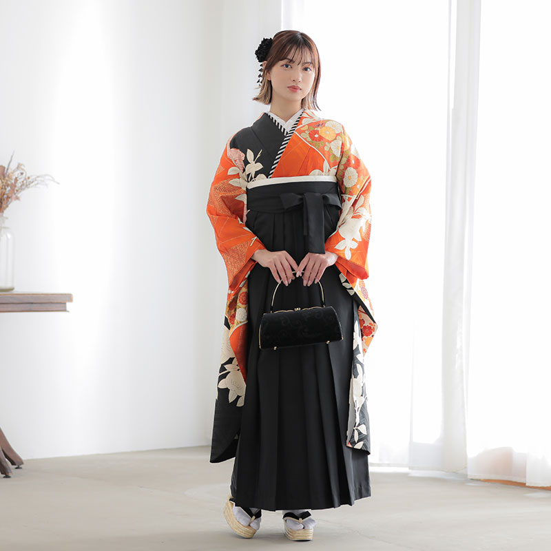  【SALE】 オレンジ×黒　扇面に橘 レンタル 振袖袴 R2027