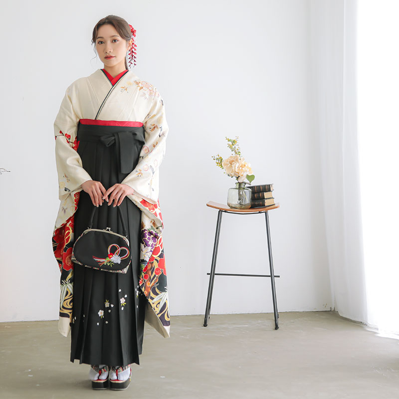 SION 【SALE】 クリーム 梅と桜と牡丹 レンタル 振袖袴 R2010