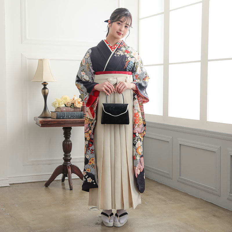  【SALE】 黒紺　花籠に霞 レンタル 振袖袴 R2007