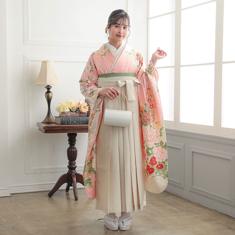  薄ピンク　短冊に四季花 レンタル 振袖袴 R2003