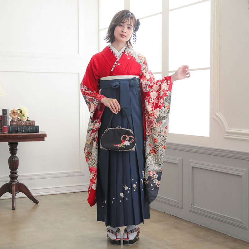  【SALE】 赤　貝桶に桜 レンタル 振袖袴 R2002