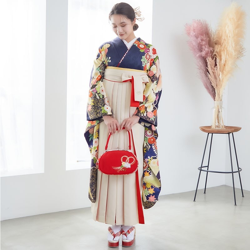 吉澤の友禅 【SALE】 【吉澤の友禅】紺 手毬牡丹に御所車 レンタル 振袖袴 R1996