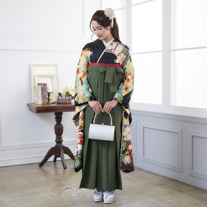 吉澤の友禅 【SALE】 【吉澤の友禅】黒 牡丹に花々 レンタル 振袖袴 R1992