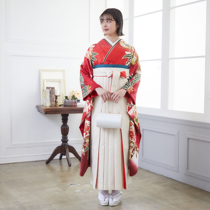 吉澤の友禅 【SALE】 【吉澤の友禅】赤 松竹梅 レンタル 振袖袴 R1991