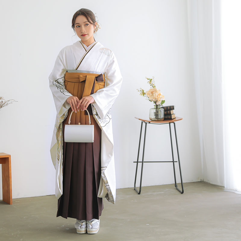 Vサンク 【SALE】 白 鶴に椿文 R2108 レンタル 振袖袴 R1989