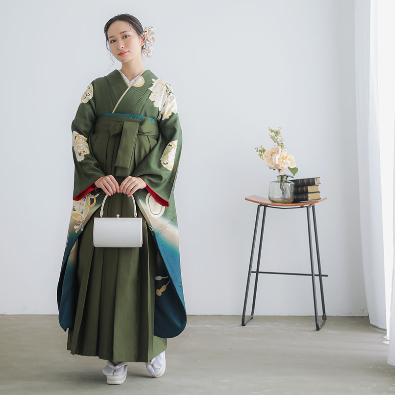 Vサンク 【SALE】 深緑 ブルーぼかしに花丸文 レンタル 振袖袴 R1986