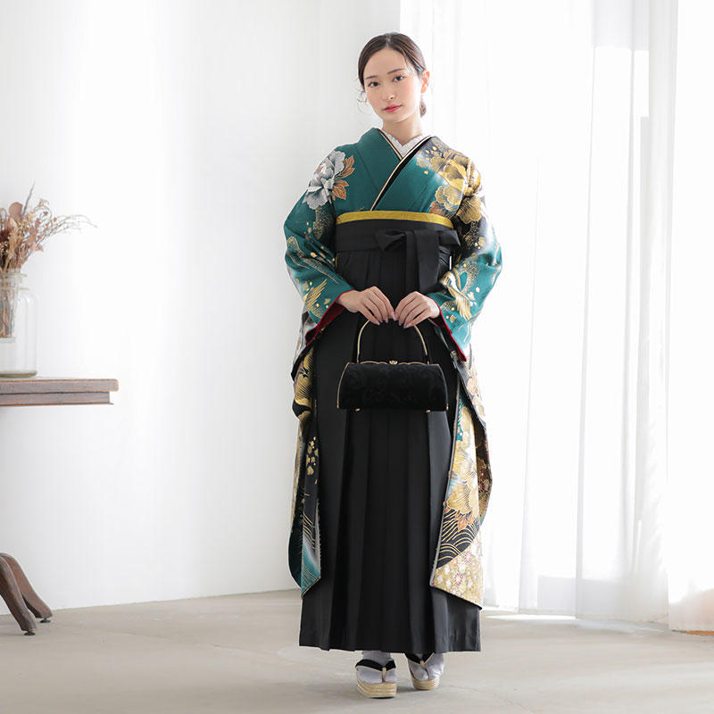 桂由美 【SALE】 深緑　牡丹に流水と鶴 レンタル 振袖袴 R1983