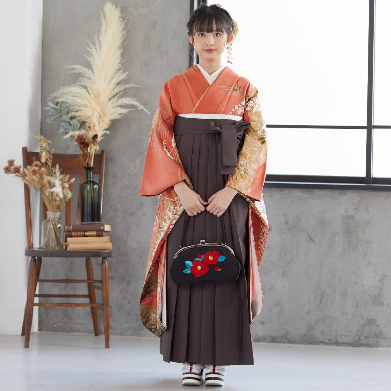  【SALE】 珊瑚色 藤柳橋に水車  絹  宅  R657  Web限定商品 レンタル 振袖袴 R1959