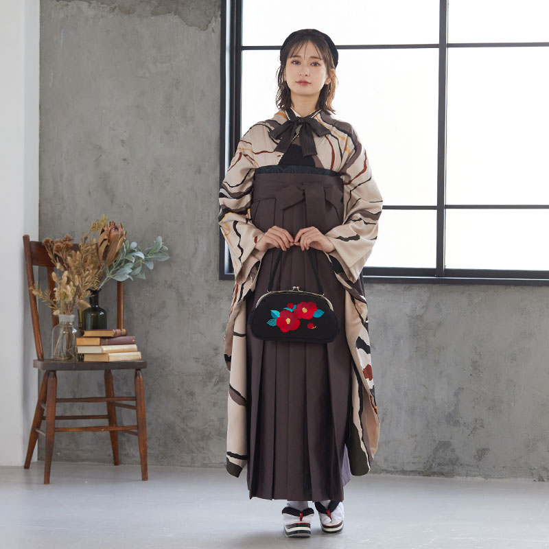  【SALE】 ベージュ 斜めよろけ縞 レンタル 振袖袴 R1958