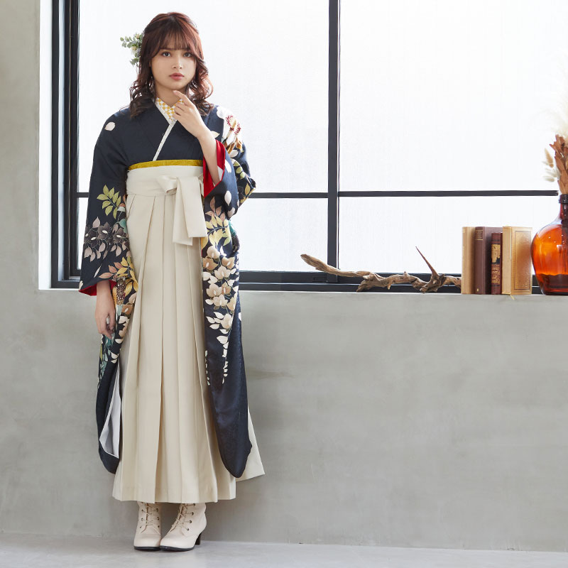 Dear 【SALE】 黒紺 牡丹と藤花 R2110 レンタル 振袖袴 R1956