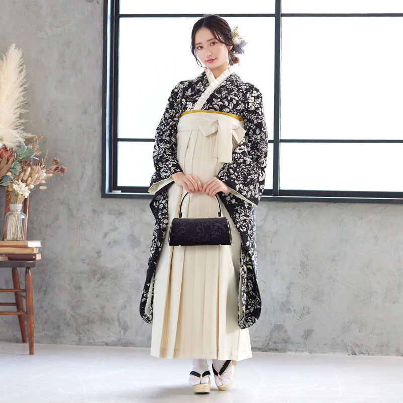 Kami Shibai 【SALE】 黒 草花と小鳥 レンタル 振袖袴 R1953