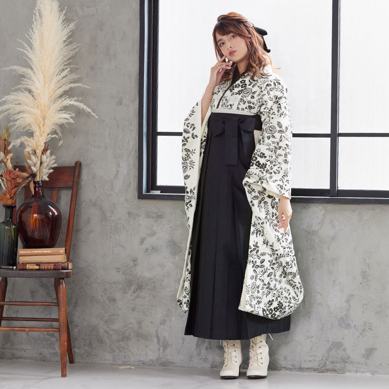 Kami Shibai オフホワイト 草花と小鳥 レンタル 振袖袴 R1951