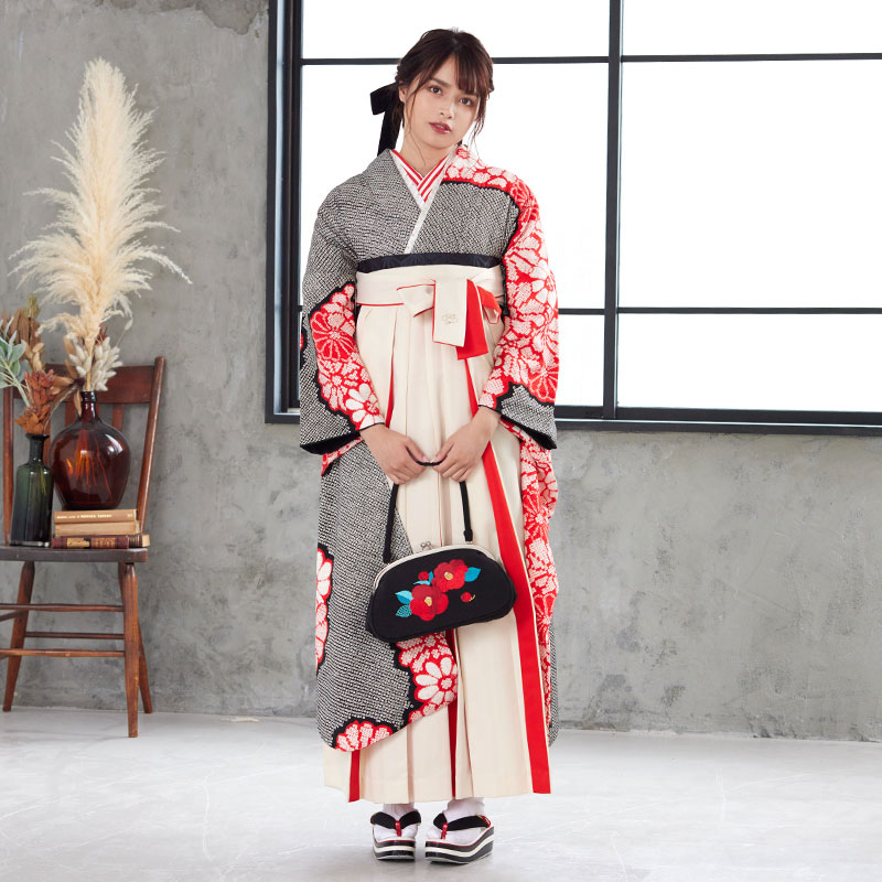  【SALE】 黒 総絞り 赤い菊 レンタル 振袖袴 R1943