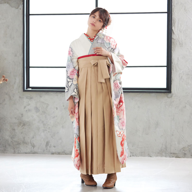  【SALE】 白×グレー 総絞り 胡蝶に牡丹 レンタル 振袖袴 R1942