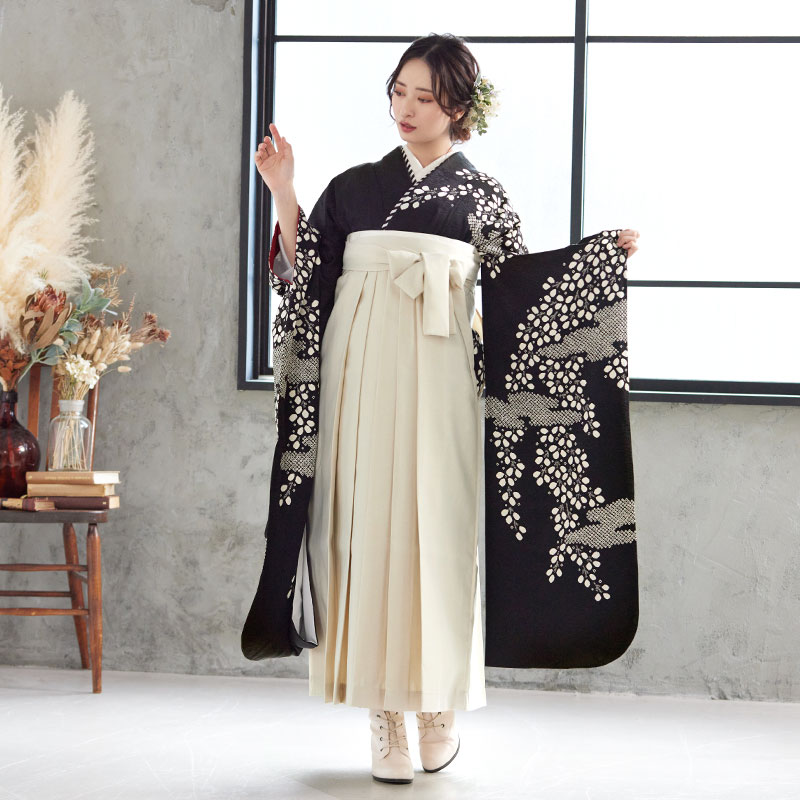  【SALE】 黒 霞に枝垂れ花 レンタル 振袖袴 R1941