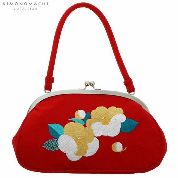 刺繍がま口バッグ単品「赤色　椿」振袖バッグ 販売 バッグ 044024