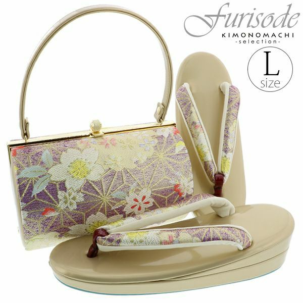 草履バッグセット「青藤×ゴールド　麻の葉に雪輪、桜」Lサイズ 販売 草履 044342