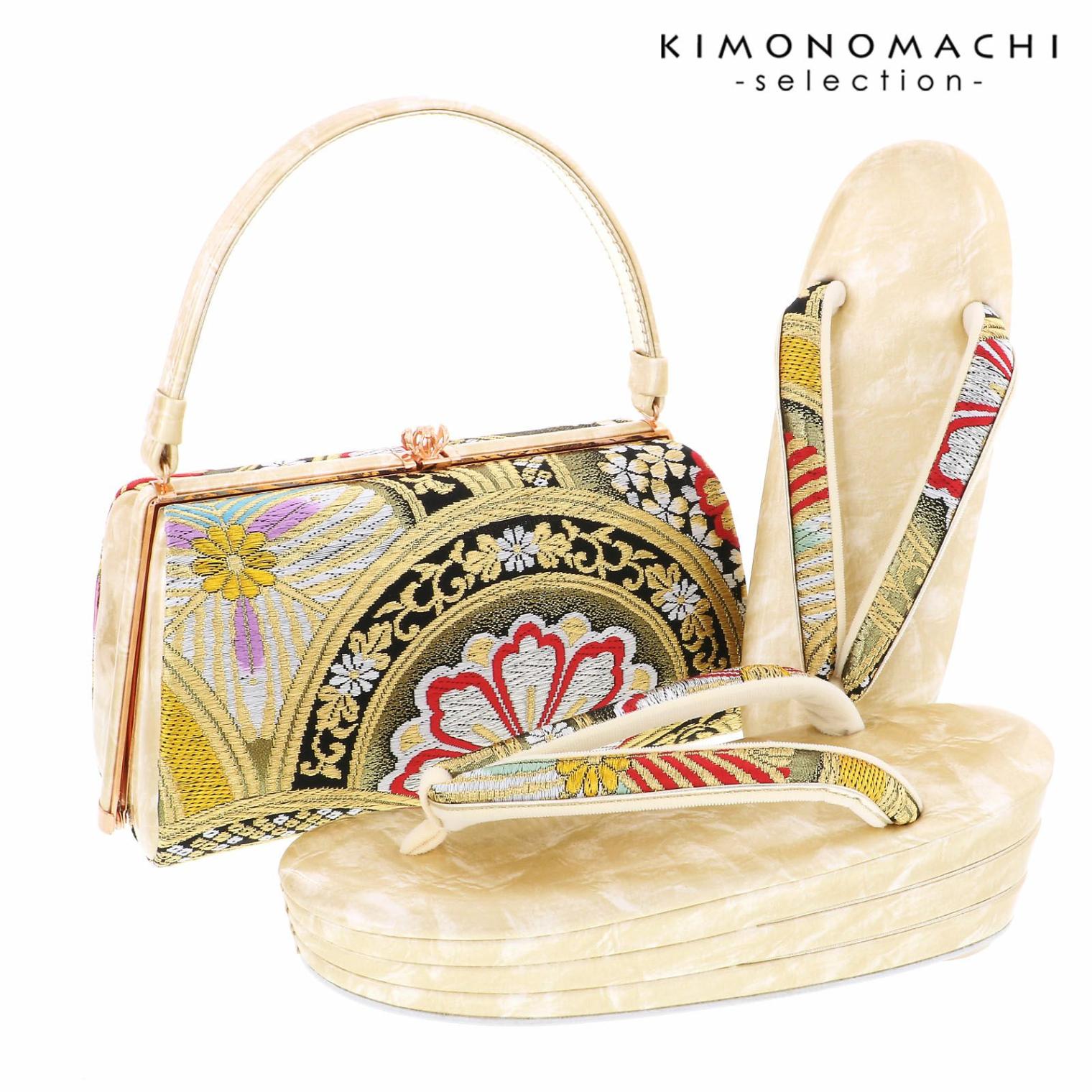 草履バッグセット 「ゴールド×ブラック　花青海波」 Fサイズ(M～Lサイズ相当) 販売 草履 053982