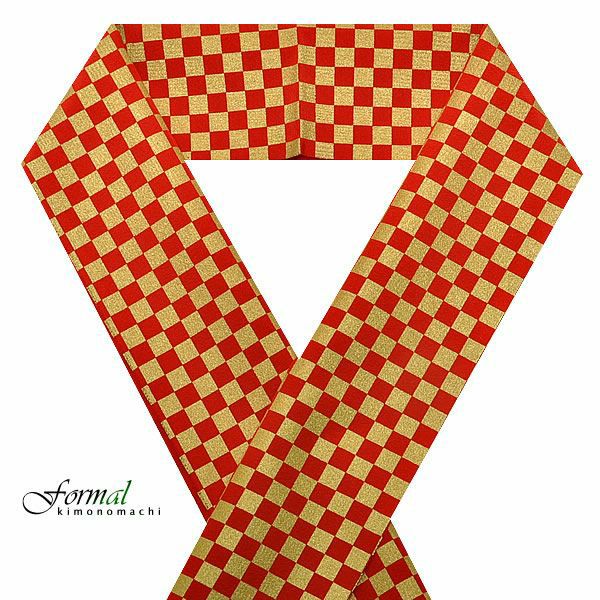  振袖用半襟「赤×ゴールド　市松」正絹 販売 半衿 015145