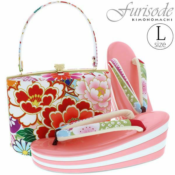 振袖草履バッグセット ピンク色 牡丹、吉祥草花 （Fサイズ M～Lサイズ相当） 販売 草履バッグ 041304