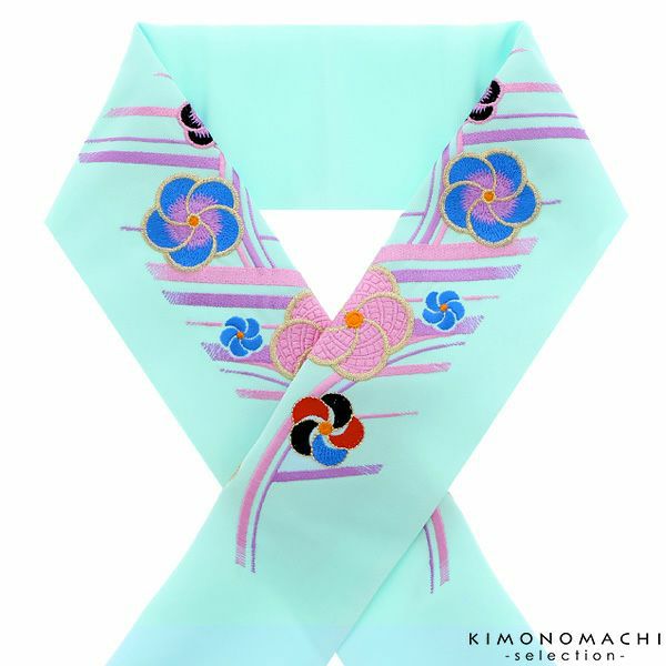  刺繍半衿「水色　斜め縞に捻じ梅」 販売 半衿 043744