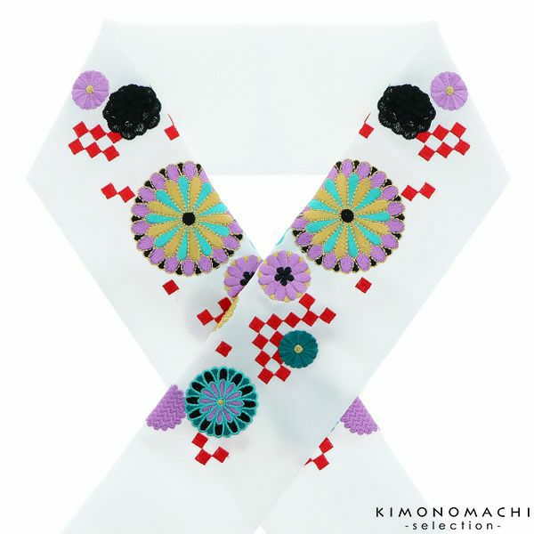  刺繍半衿 白色 市松に菊花 刺繍半襟 洒落衿 振袖小物 レトロ 販売 半衿 043746
