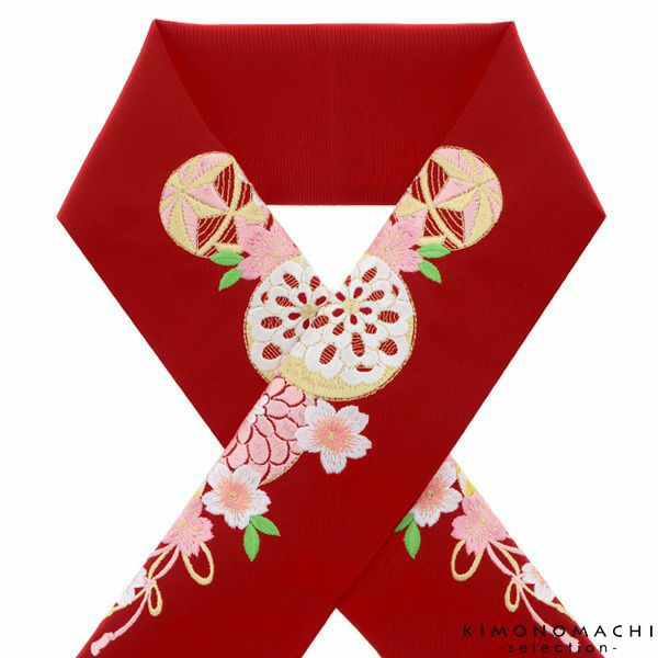  刺繍半衿「赤色　毬、花薬玉」 販売 半衿 043887