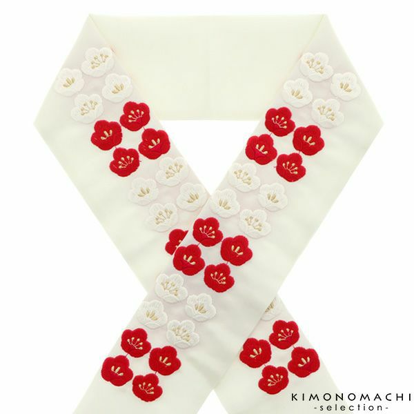  刺繍半衿「生成り　紅白市松小梅」 販売 半衿 043897