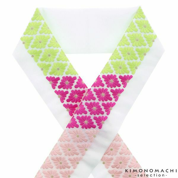  刺繍半衿「黄緑×赤紫×ピンク　菊菱」 販売 半衿 043900