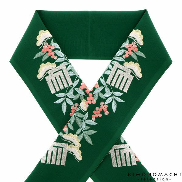  刺繍半衿「緑色 松と南天、源氏香」シルフィル 販売 半衿 043982