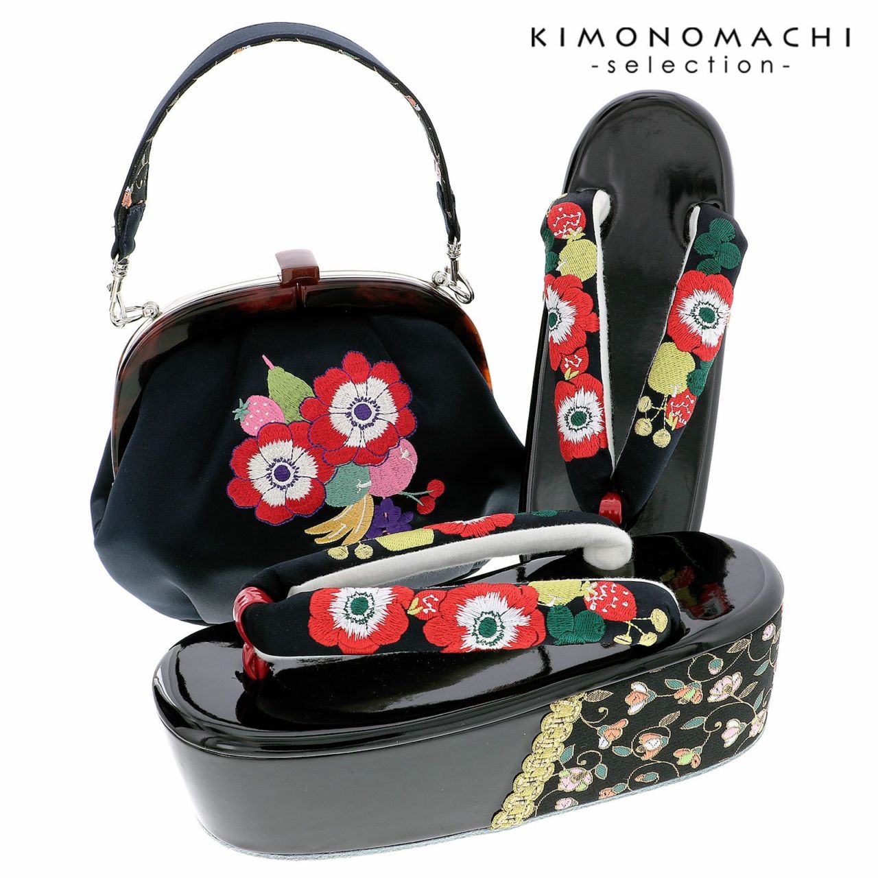 草履バッグセット アネモネ フルーツ ブラックネイビー Fサイズ(M-Lサイズ相当) 販売 草履バッグ 054460