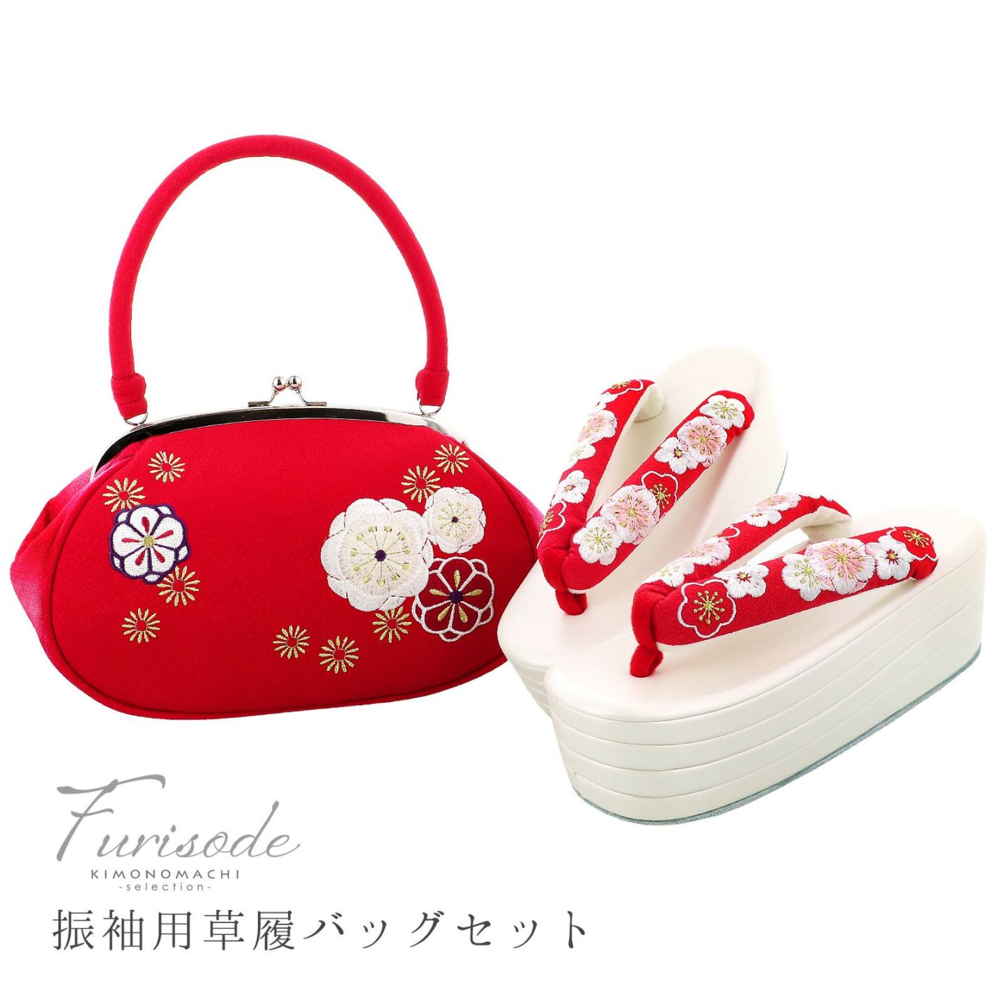 草履バッグセット 八重梅 赤×ピンク Fサイズ(M-Lサイズ相当) 販売 草履バッグ 054462