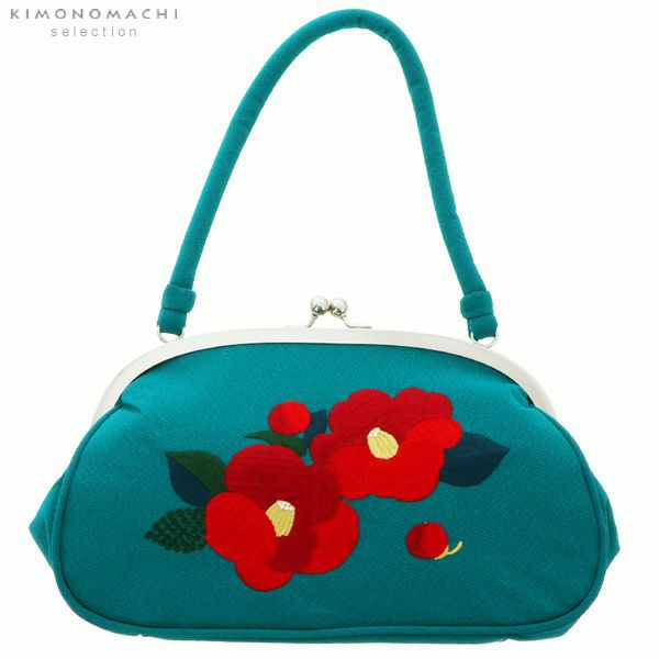 刺繍がま口バッグ ターコイズ 椿 販売 バッグ 044026
