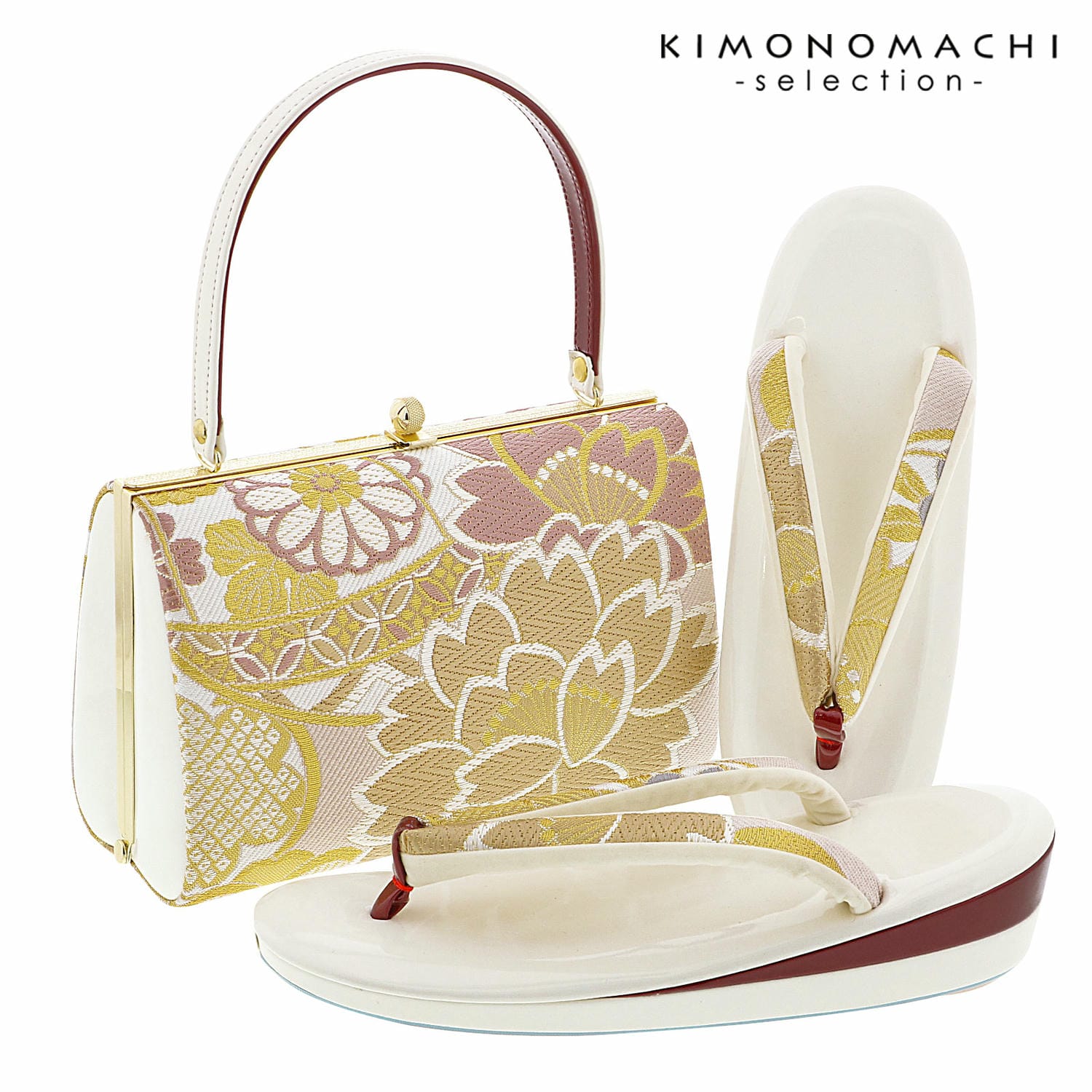 草履バッグセット「白 ピンクベージュ 八重桜に梅菊」LLサイズ 日本製 振袖草履バッグ 振袖バッグ 振袖草履 成人式 販売 草履バッグ 057359