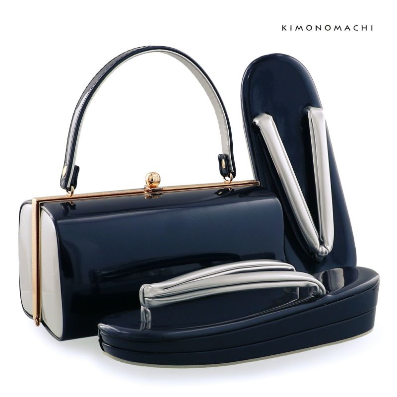 草履 バッグ 深藍×銀 Fサイズ エナメル 無地 販売 草履バッグ 058115