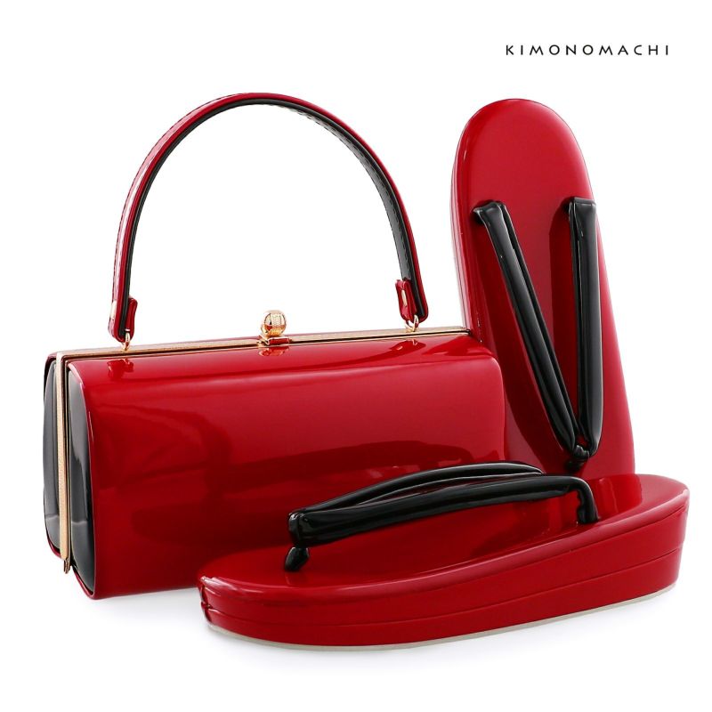 草履 バッグ 深紅×黒 Fサイズ エナメル 無地 販売 草履バッグ 058117