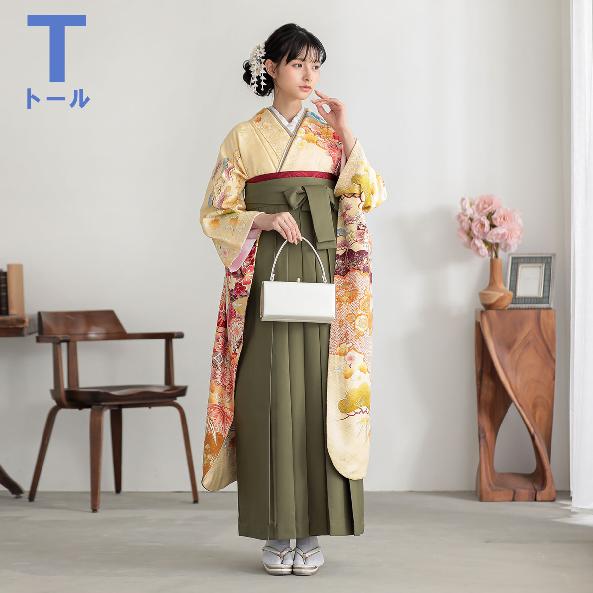  黄色　雲取り松に鶴 絹  R2093 【トールサイズ】 レンタル 振袖袴 R1733