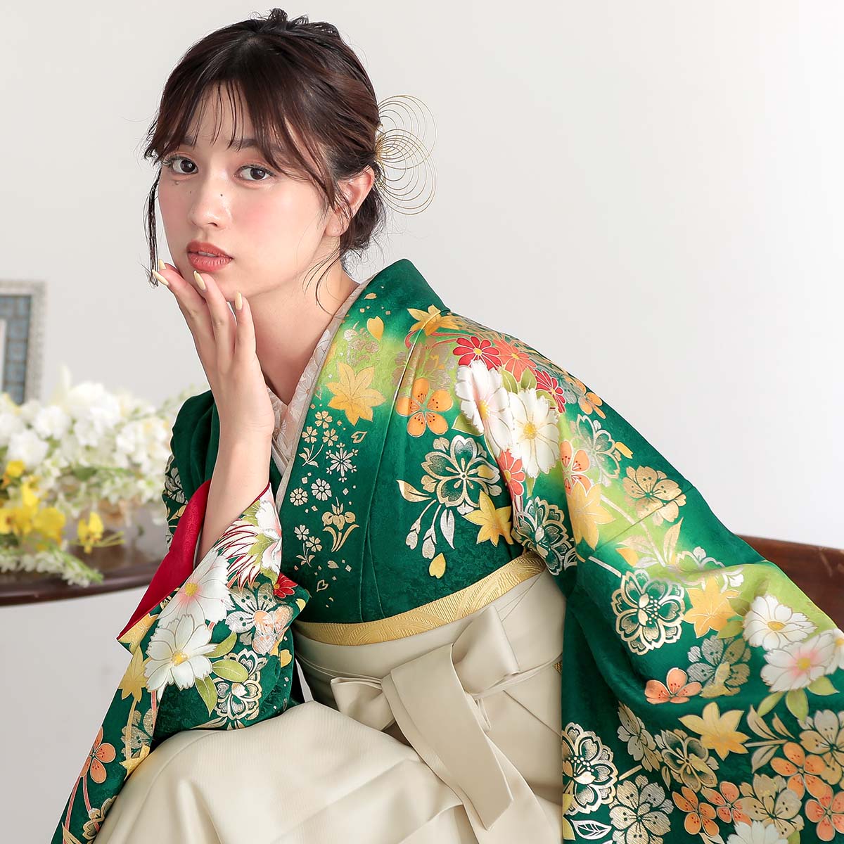  緑　花薬玉に雪輪 レンタル 振袖袴 R2111