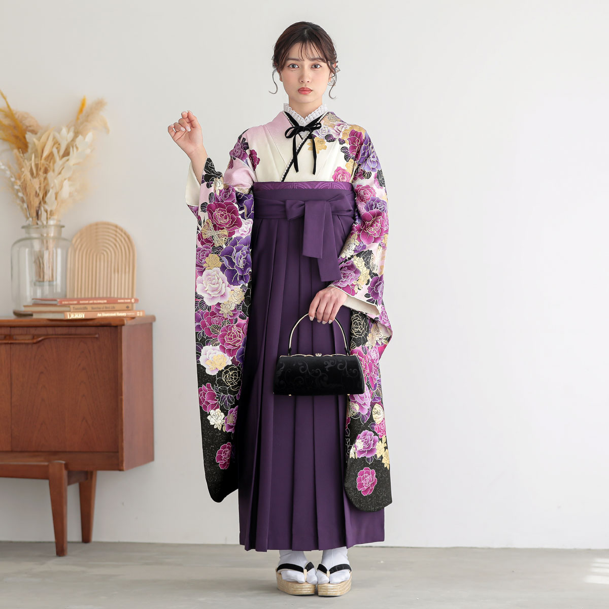  【SALE】 白　薔薇  絹 レンタル 振袖袴 R1185