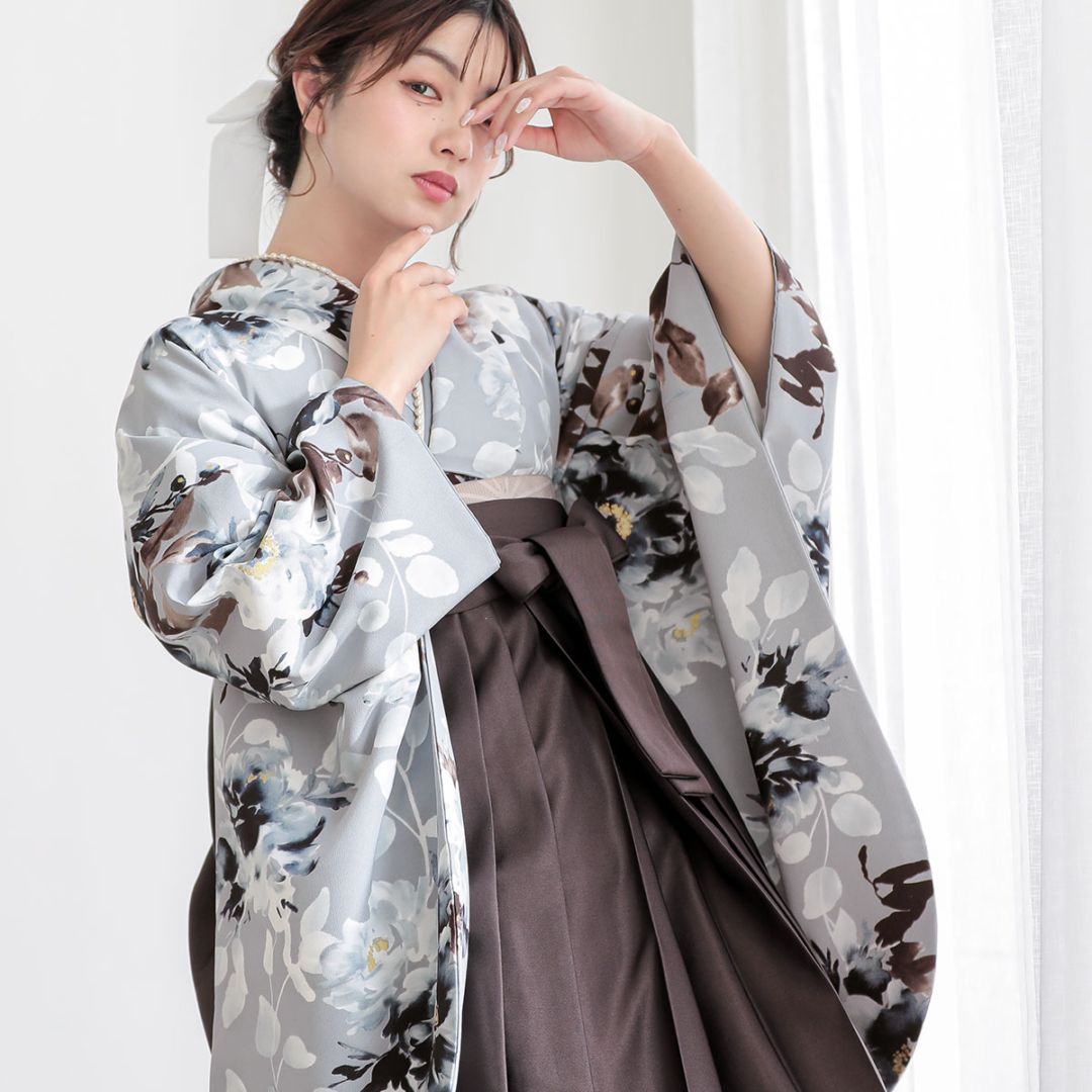  【SALE】 グレー　フラワー レンタル 大学生袴 G1035