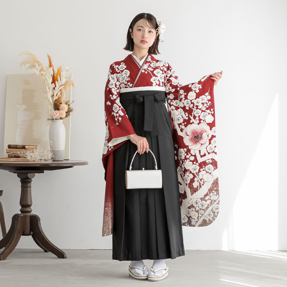 玉城ティナ×紅一点 赤　梅に牡丹 レンタル 振袖袴 R2221