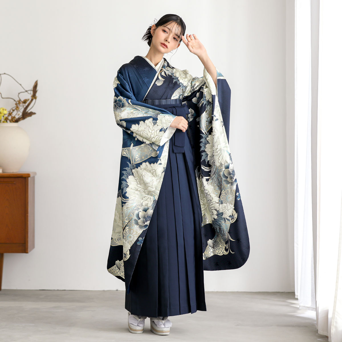 紺　牡丹に熨斗 レンタル 振袖袴 R2216