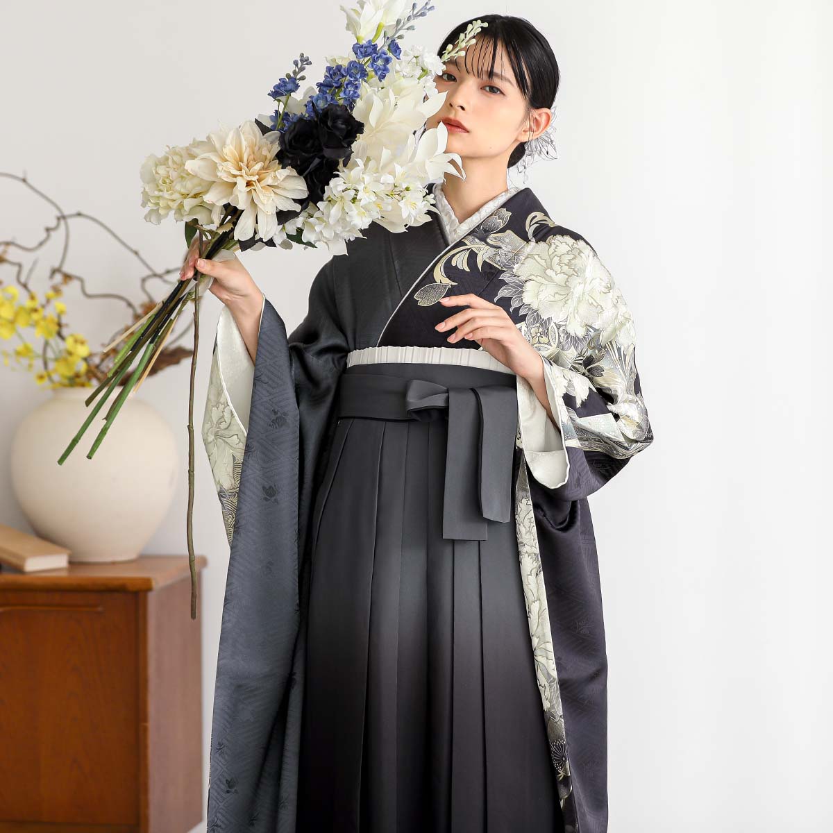  グレー　牡丹に熨斗 レンタル 振袖袴 R2217