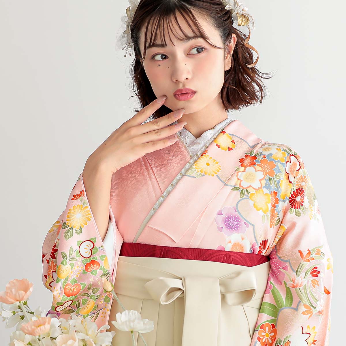 【SALE】 ピンク　貝桶に牡丹菊 絹 レンタル 振袖袴 R1528