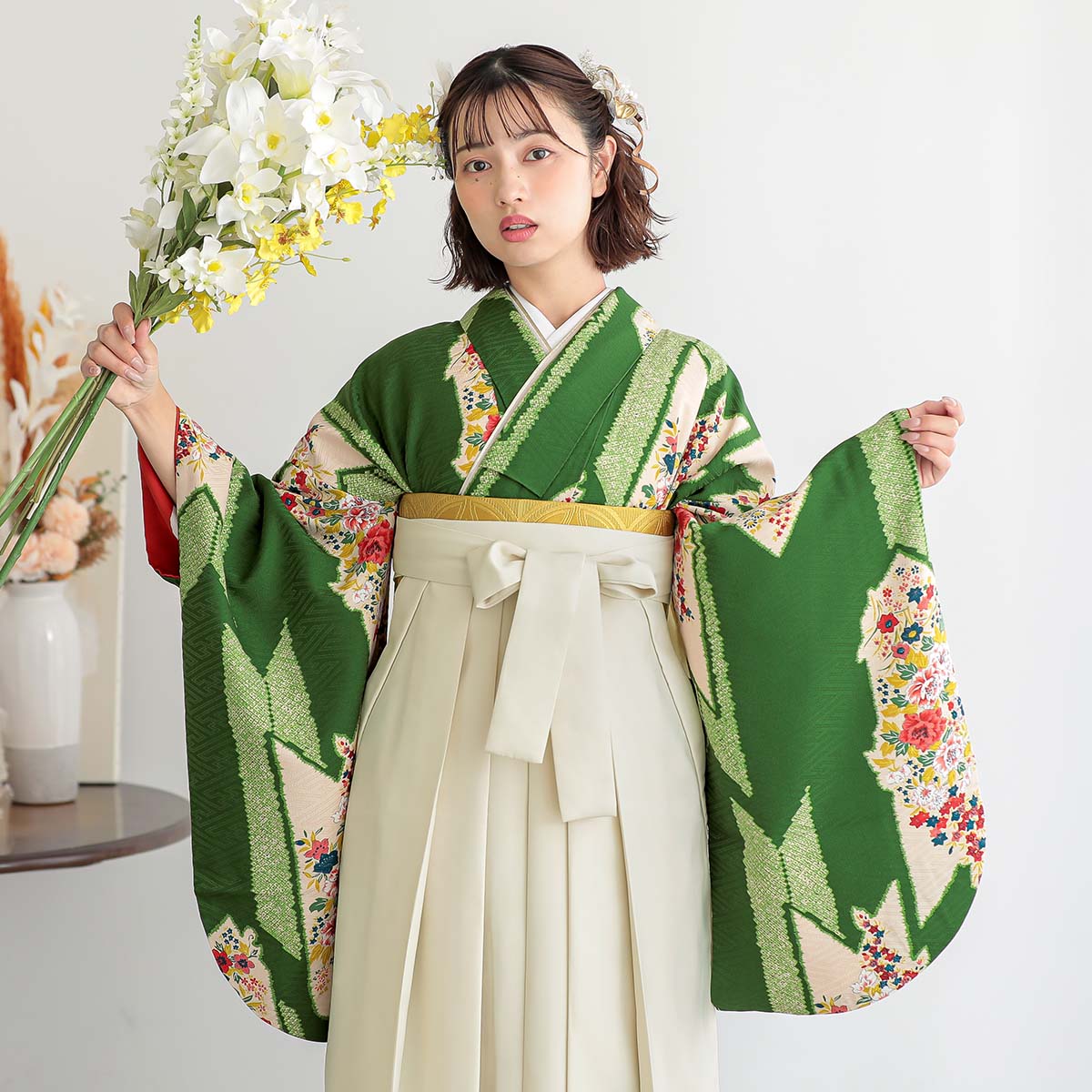 モダンアンテナ 【SALE】 緑　花矢絣鹿の子 レンタル 大学生袴 G884