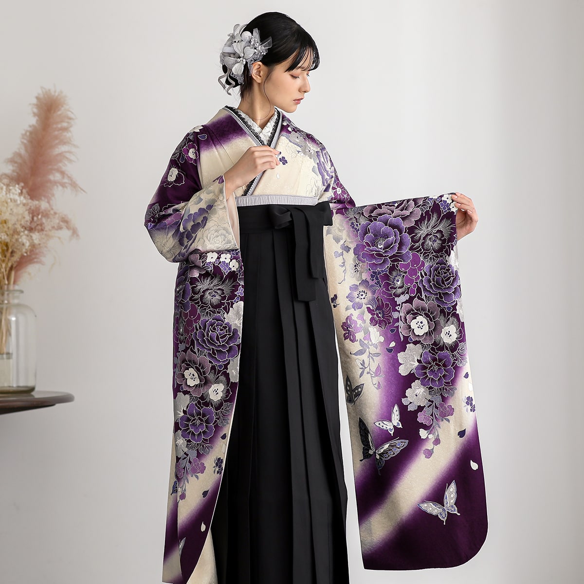 白紫　輝く牡丹に蝶  絹 レンタル 振袖袴 R1435