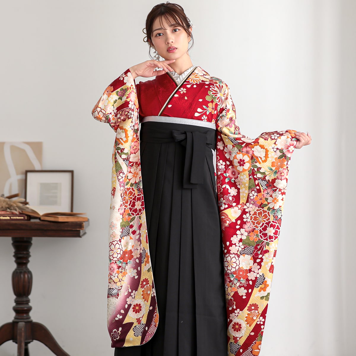 白赤　束熨斗花  絹 レンタル 振袖袴 R1530