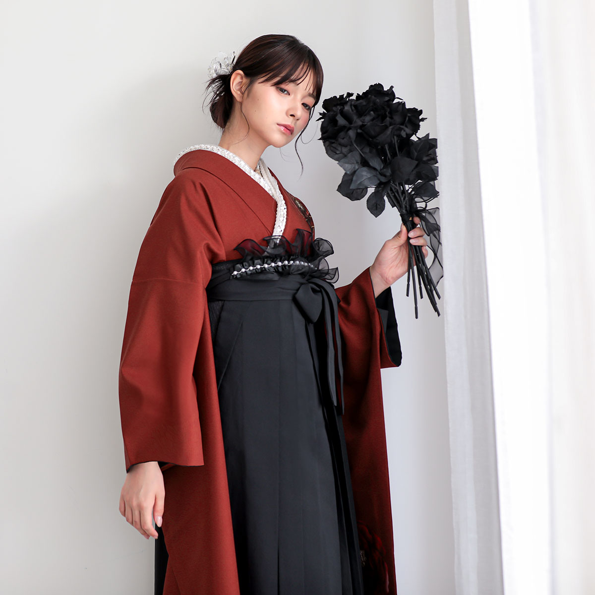紅一点 赤　バラに花丸文 レンタル 振袖袴 R2248