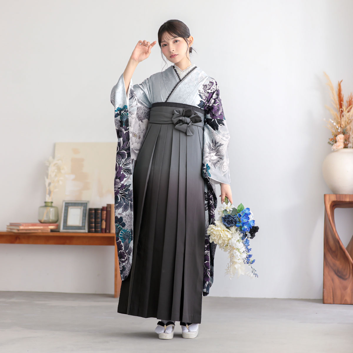 桜田ひより ブルーグレー 牡丹に銀彩 レンタル 振袖袴 R2237