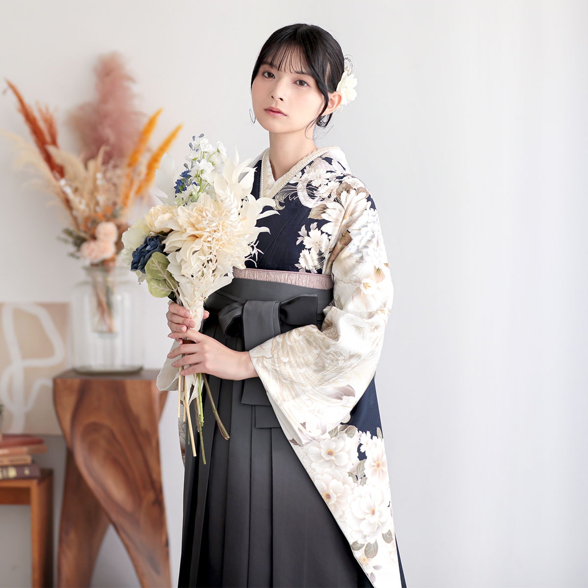 深紺×白　菊の花 レンタル 振袖袴 R2251